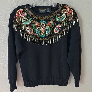Women’s Vintage Trimmings Embellished Sweater, Large, Black